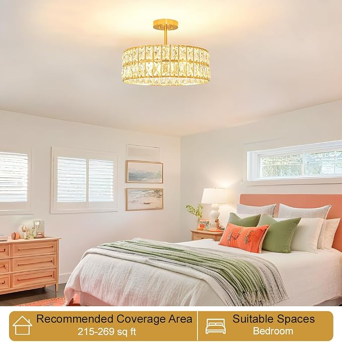 Lxybcce Crystal Ceiling Light Fixture, Modern Brushed Gold Ceiling Light Chandelier, Semi Flush Mount Chandelier Lighting Fixture for Kitchen Entryway Living Room Dining Room, 5-Light, 16 Inch