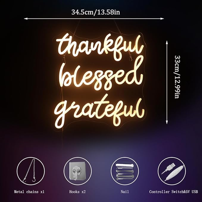 Thankful Blessed Grateful Neon Sign Led Dimmable Neon Lights for Bar Room Home Art Wall Decor Party Window Living Room Decor Christmas' Gift (Warm white)