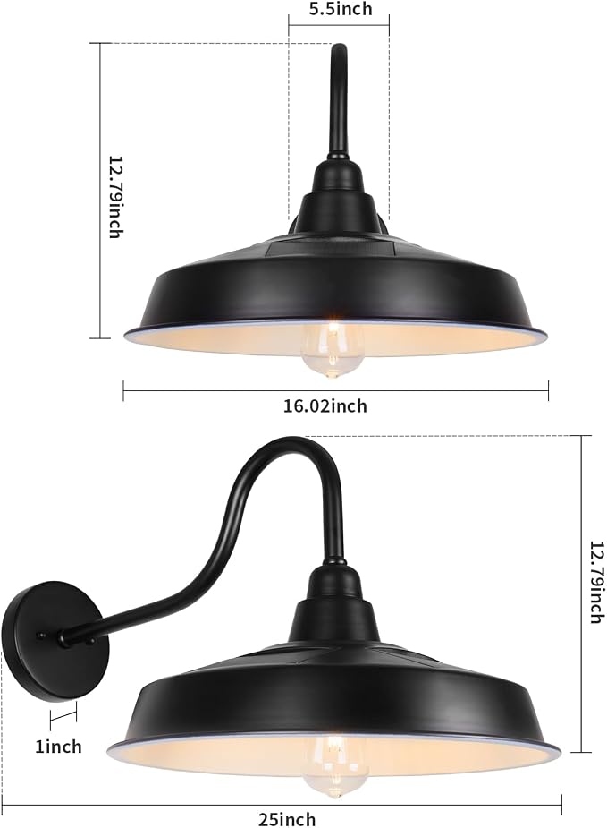 Solar Barn Light Outdoor, 16 Inch Dome Wall Light Solar Powered, Farmhouse Exterior Wall Sconce, Industrial Outside Lighting Fixture, Rustic Lantern for Garage, Barn, Shed, RZSR020W
