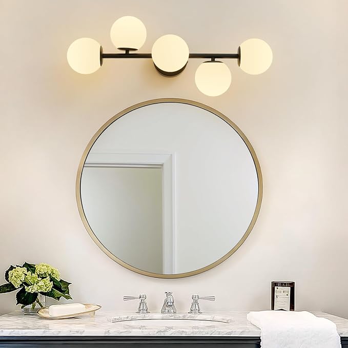 27" Mid Century Modern White Globe Black LED Bathroom Vanity Light | Matte Black Finish, Sleek Mid Century Modern Style, Milk White Glass Globes, Built-In LED Light Source, Unique Ambient Glow