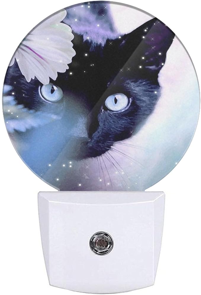 EKOBLA Kitten Animal LED Night Light Black Cat Hiding Behind White Flowers Dusk to Dawn Plug-in Nightlights Auto Sensor for Home Indoor Bathroom Hallway Kitchen