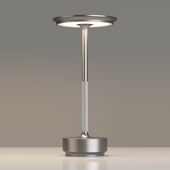 TBBGA 1 Pack Rechargeable Cordless Table Lamp, 5000mAh Battery Table Light | 3 Color Stepless Dimming Portable LED Table Light with Memory Function, for Outdoor/Dinner/Patio/Restaurant.(Silver)