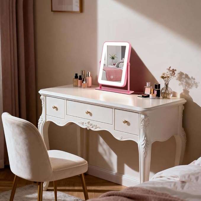 YEKKOPT Portable Desk Vanity Mirror with Lights,11"×9" Small Pink Rechargeable Makeup Mirror with Lights,Smart Touch Screen with 3-Color Lighting,Dimmable,for Dorm Tabletop,Bedroom,Decor