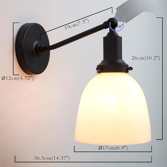Industrial Sconces Vintage Slope Pole Wall Mount Single Sconce with 6.7" Oval Dome Milk White Glass Shade Wall Light Fixture for Livingroom Bedroom