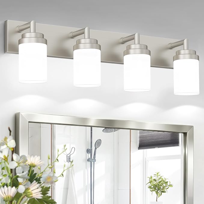 Bathroom Light Fixtures, Brushed Nickel Bathroom Lighting Fixtures Over Mirror, Modern Vanity Light with White Glass Shade, Restroom Lighting Fixtures, 4-Light 30-inch