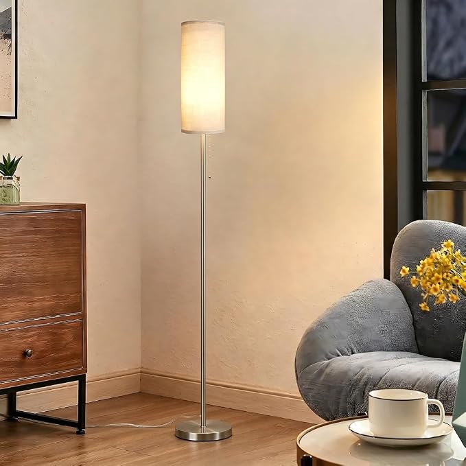 Ldeco Floor Lamp for Living Room, Modern Standing Lamps with Lampshade, Minimalist Tall Lamp with Chain Switch for Living Room, LED Bulb Included (Nickel Body+Beige Shade)
