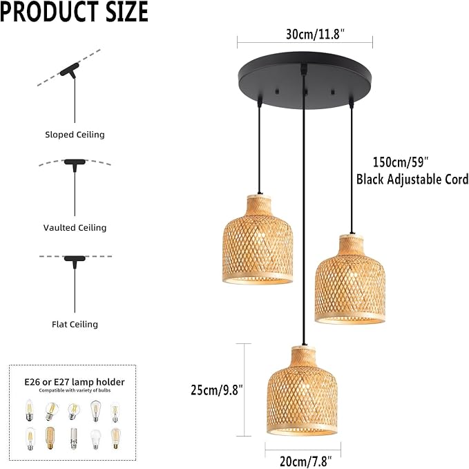 3-Light Bamboo Woven Pendant Light Boho Rattan Hanging Chandelier with Adjustable 59" Cord, Farmhouse Wicker Shade Ceiling Light Fixture for Dining Room Kitchen Island Living Room