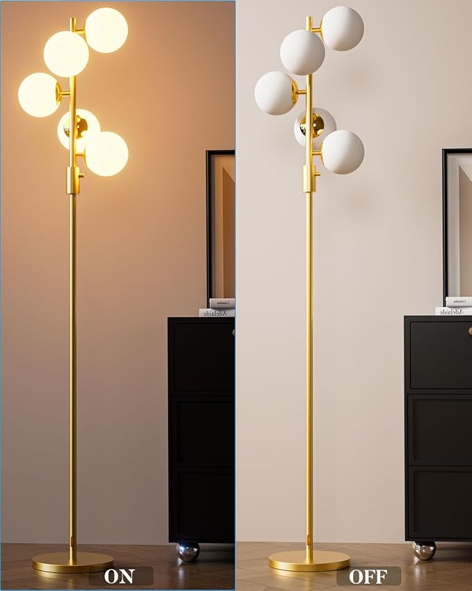 Lightdot Dimmable (Brightness Adjustable) Globe Floor Lamp, Gold Standing Lamps with 5PCS 3000K Bulbs Included, Mid Century Modern Floor Lamp for Living Room/Bedroom/Sofa Beside/Corner Decor