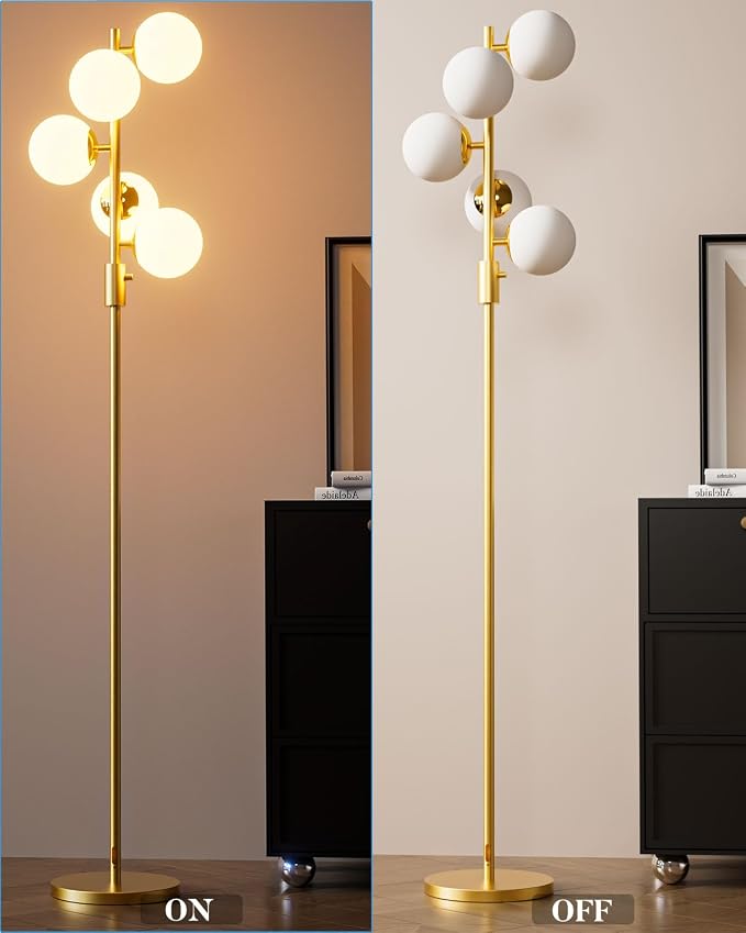 5 Light Modern Globe Floor Lamp Dimmable 64IN Tall Standing Lamps with 3000K Warm White Bulbs, Mid Century Gold Tree Floor Lamp for Living Room Bedroom Sofa Beside Home Decor