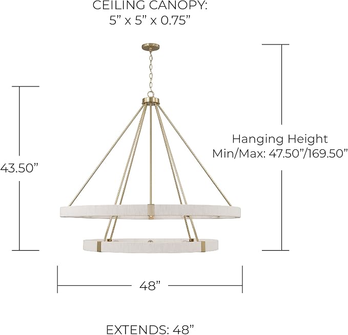 Capital Lighting 449802MA Delaney Modern Hand-Wrapped Rope Round Two-Tier Chandelier, 20-Light 1200 Total Watts, 44" H x 48" W, Matte Brass