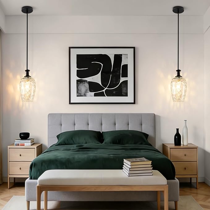 Glass Pendant Lights Kitchen Island, Modern Black Pendant Lighting Fixtures with Clear Glass Shade, Adjustable Hanging Light for Kitchen Sink, Dining Room & Bathroom 2 Pack