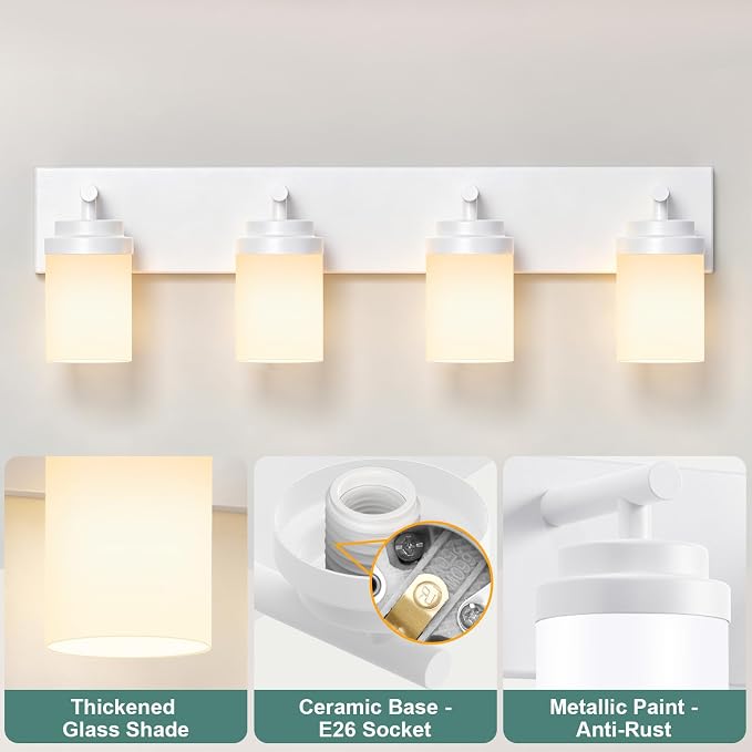 IZORRO Bathroom Vanity Light Fixture, 4-Light 30 Inch White Bathroom Light Fixtures Over Mirror, with White Glass Shade, Modern Farmhouse Vanity Lights, Rustic Restroom Lighting Fixtures