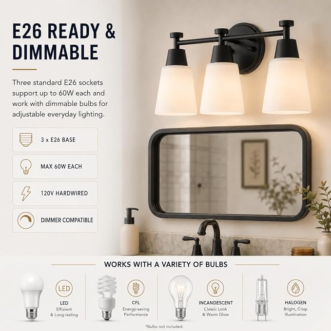 3 Light Bathroom Vanity Light, Modern Matte Black Stainless Steel Over Mirror Vanity Light Fixture with Frosted Glass, Wall Sconces Lighting for Bedroom Living Room