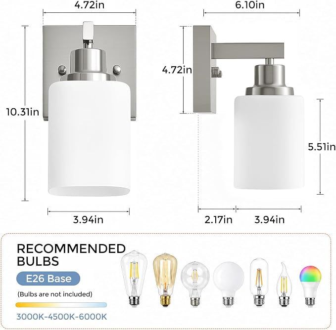 Bathroom Wall Sconces Set of 2,Brushed Nickel Wall Sconce,Vanity Light with Square Frosted Glass Wall Mounted Light Fixture,Farmhouse Wall Lamp for Bedroom Living Room Mirror Hallway