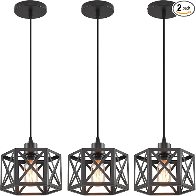 Farmhouse Pendant Light Fixture, Black Pendant Lights for Kitchen Island Industrial Lantern Pendant Light Fixtures with Light Shade, Adjustable Height Hanging Pendant Lighting