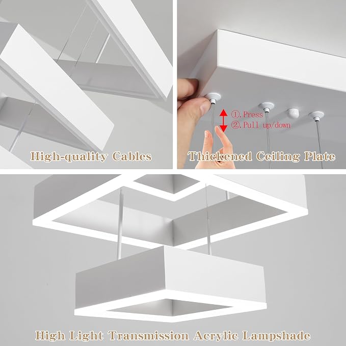 O'NEELDY Modern Chandelier White Pendant Lights Square LED Dining Room Light Fixture Height Adjustable Kitchen Island Lighting 3 Rings Flush Mount Chandeliers for Living Room,Bedroom,Dining Table