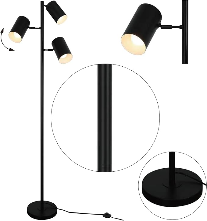 Tree Floor Lamp with 3 Light Bulbs,Black Standing Tall Pole Lamp with 3 Adjustable Rotating Lights,Farmhouse Floor Lamp for Living Room Bedroom Office,Vintage Standing Lamp 9W E26 LED Bulbs Included.