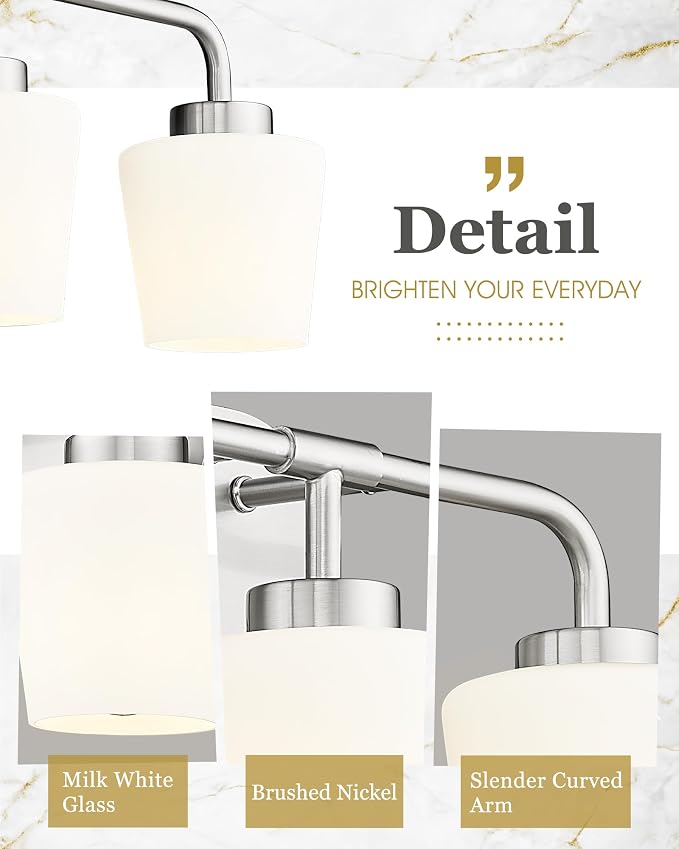 Bathroom Light Fixtures Over Mirror, 3-Light Brushed Nickel Vanity Lighting Fixtures with Milk White Glass, Vintage Farmhouse Wall Sconces Lighting, AD-22004-3W-SN