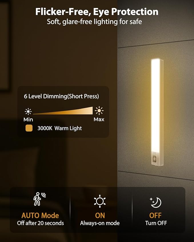 10” Under Cabinet Lighting, 68LEDS Motion Sensor Light Indoor, Rechargeable Battery Magnetic Closet Light, Wireless Under Counter Lights for Kitchen, Stairs, 2-Pack Warm Light