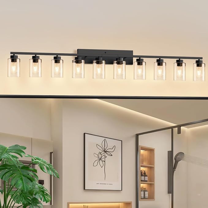 IZORRO Modern Bathroom Light Fixtures, 10 Light Black Vanity Lights, Bathroom Lighting Fixtures Over Mirror with Clear Glass for Living Room Cabinet Bedroom