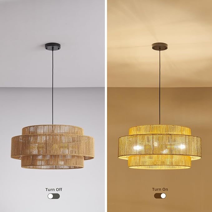 3-Tier Large Rattan Chandeliers, 23.6in Boho Coastal Pendant Lights, Hand Woven Hemp Rope Lighting Fixture, Wicker Hanging Ceiling Light for Living Room, Dining Room, Bedroom, Kitchen Island