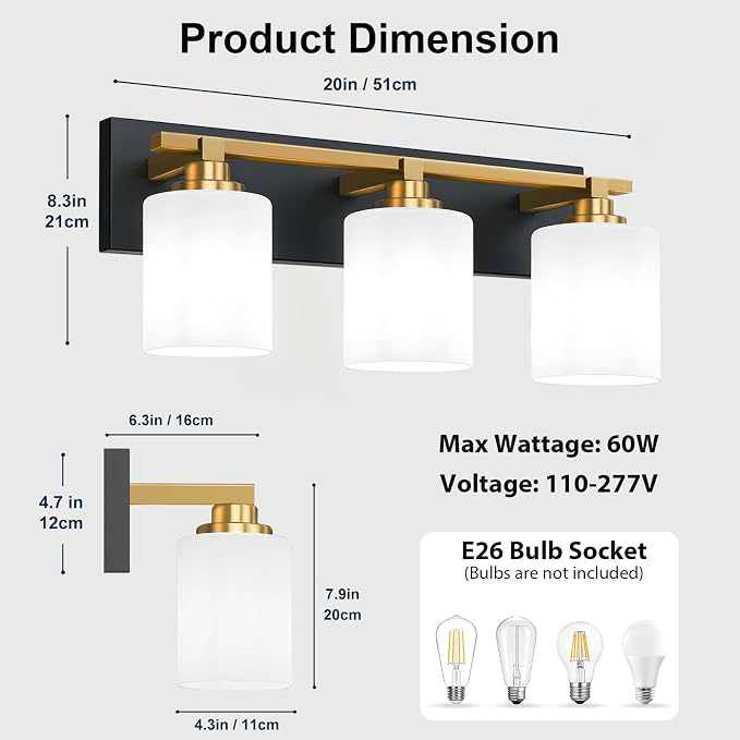Black and Gold Bathroom Light Fixture, Modern 3 Light Vanity Lights for Bathroom Lighting Fixtures Over Mirror, White Glass Lampshade, Master & Guest bathrooms Bathroom Remodel, 20-inch