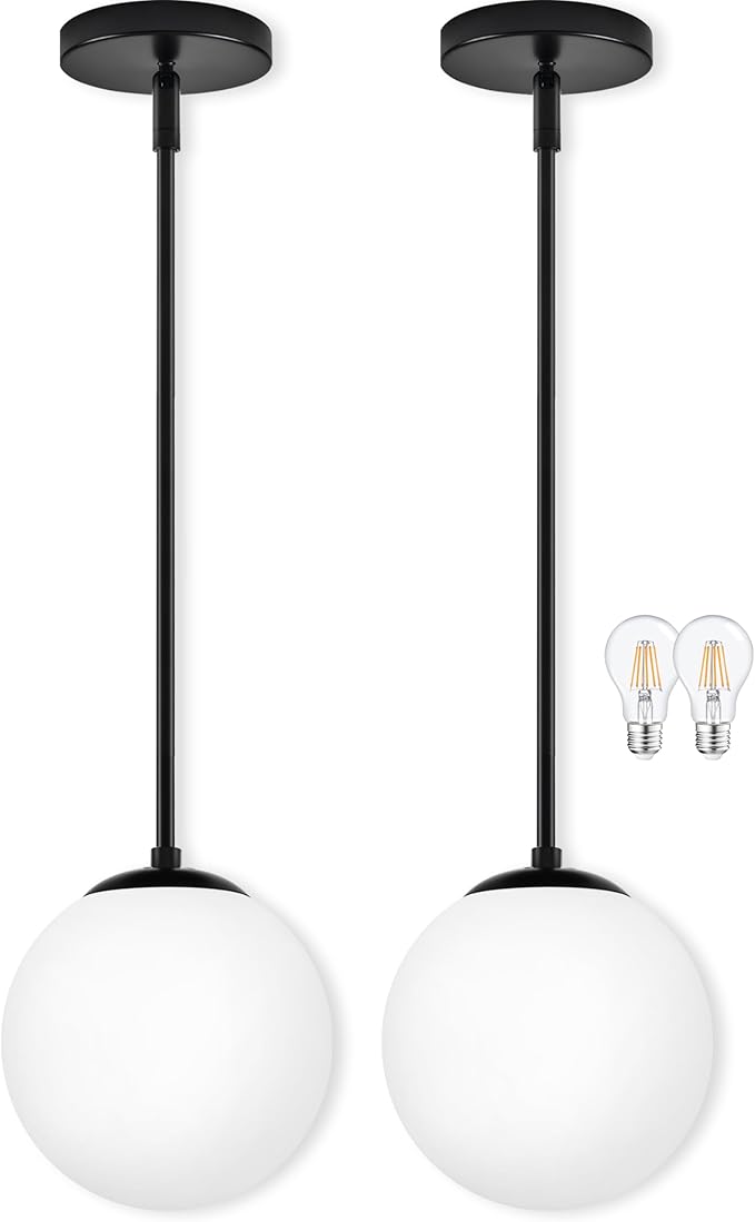 8" Globe Pendant Light Black 2 Pack Mid Century Pendant Light Globe Pendant Lights Kitchen Island Matte Black Finished with Milk Glass Adjustable Ceiling Light Fixtures for Dining Room Bar
