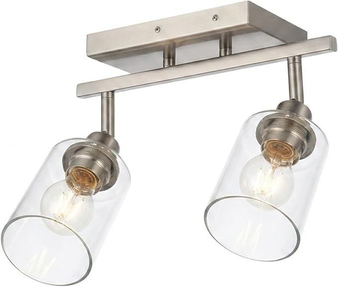 2 Light Track Lighting Fixtures Ceiling, Modern Brushed Nickel | Track Lighting Kit with Clear Glass, Bathroom Wall Scones, Rotatable Spotlight Ceiling Mount for Kitchen Hallway