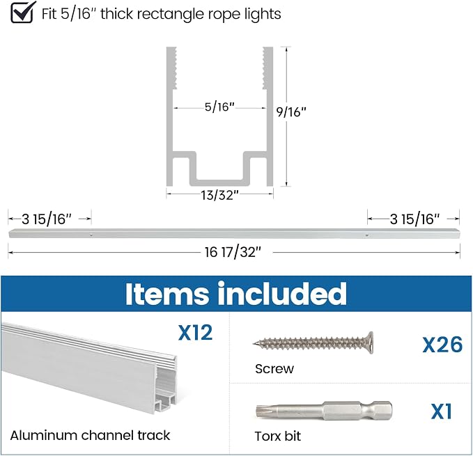 Muzata 12 Pack 16.5" Square Aluminum Rope Light Track U123 | Fits 8mm Rectangle Rope Lights, Durable Aluminum Protection, Improved Heat Dissipation, Versatile Lighting Applications
