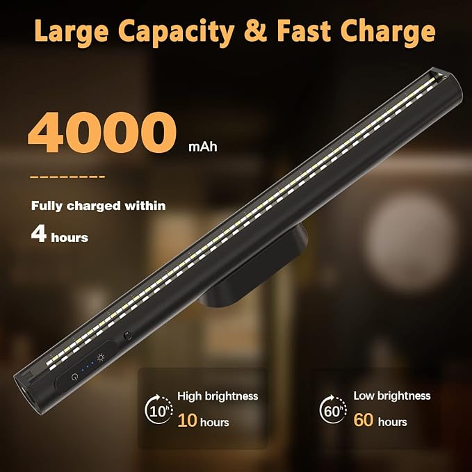 Rechargeable Magnetic LED Light Bar, 4000mAh Wireless Closet Light | Under Cabinet Lighting, Battery Powered Operated Wall Strip Light, Dimmable Lamp for Mirror Closet Picture Kitchen Black