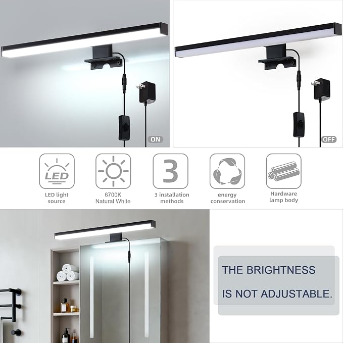15" Plug in Bathroom Light Fixtures,Vanity Lights Bar,Picture Light | Modern Black,Non-Dimmable,6700K,with Switch,LED,Over Mirror,Wall Lights,Make up light,for Bedroom/Art/Poster/Cabinet