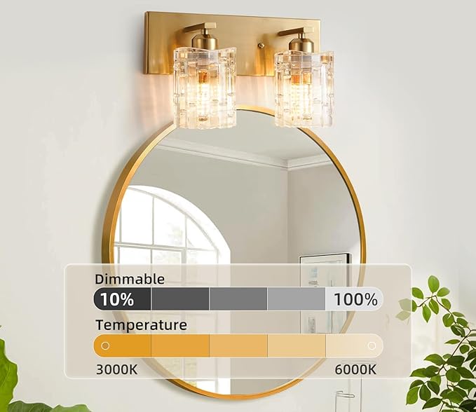 Brushed Gold Crystal Bathroom Vanity Light,2 Lights Modern Bathroom Wall Light,Over Mirror Light Fixtures for Living Room, Bedroom, Hallway