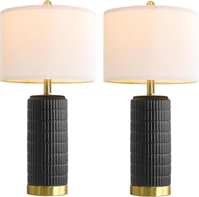 PoKat 25'' Black Ceramic Table Lamps Set of 2 with Gold Base for Bedroom Living Room, Farmhouse Matte-Textured Bedside Lamps for Nightstand Sideboard End Table with Stone-Like Design (Matte Black)