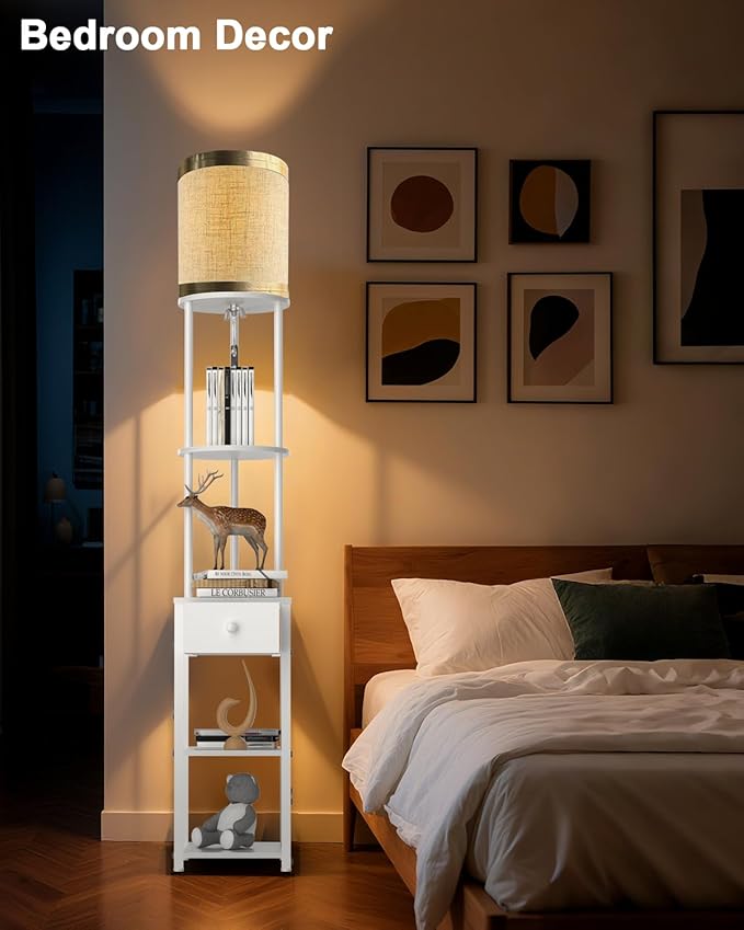 Lightdot 65IN Floor Lamps with Storage Table&Drawer, Corner Shelf Lamps with White End Table and Fabric Shade, Modern Standing Tall Lamp for Living Room/Bedroom/Sofa Beside/Corner Decor(Bulb Included)