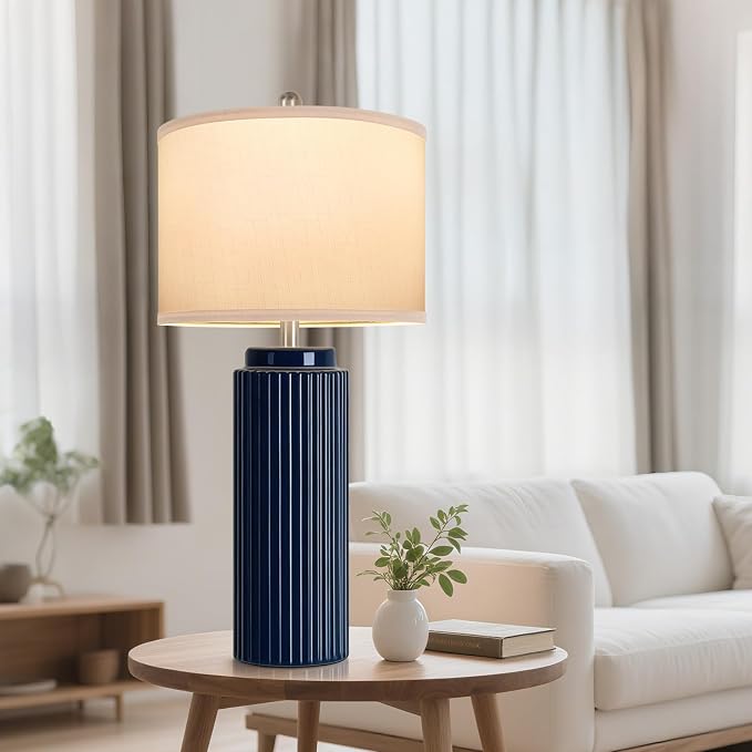 28" Dark Blue Ceramic Table Lamps Set of 2, Modern Nightstand Lamp | Bedside Table Lamps with White Linen Shade, Larger size, Farmhouse Home Decor for Living Room Bedroom Office End Table Dorm