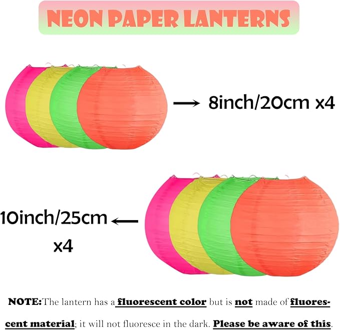 ZOOYOO Neon Paper Lanterns, 8 Pcs Hanging Glow Party Decorations,Fluorescent Round Lanterns for Blacklight Party, Birthday, Wedding and Home Decor, 8 and 10 Inch
