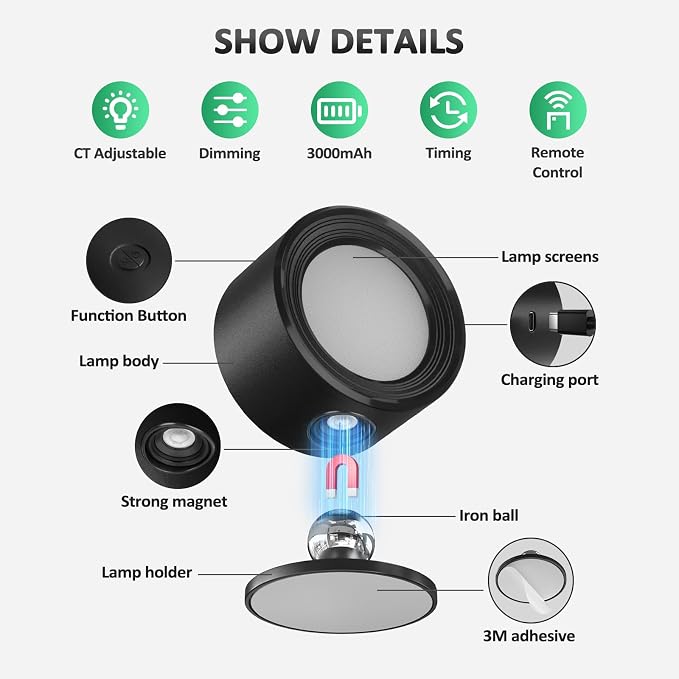 Racokky LED Wall Lights 2 Pcs with Remote, Wall Sconces Lighting 3000mAh Rechargeable Battery Operated, 3 Color Temperatures & Dimmable Magnetic 360° Rotation Cordless Lamp for Bedroom Hallway(Black)
