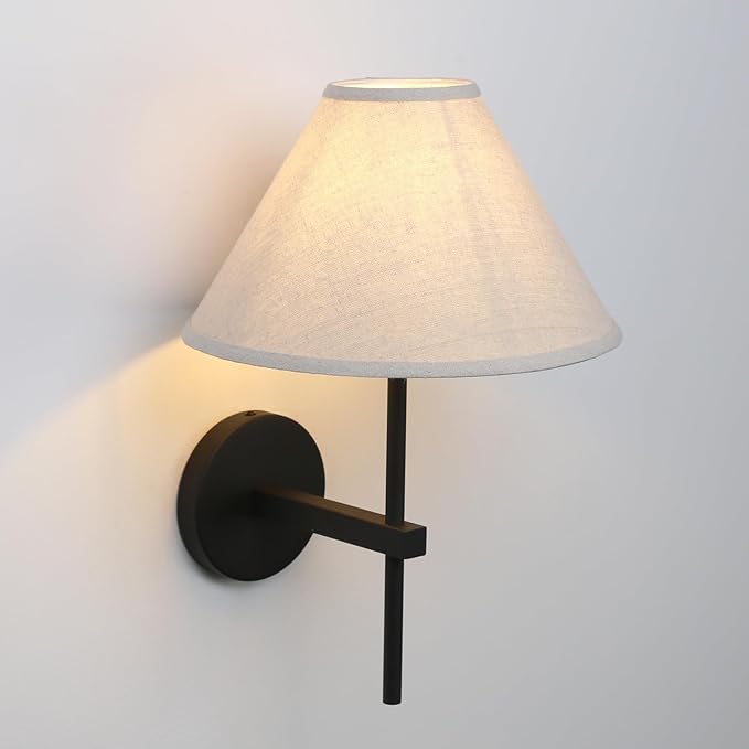 Pathson Hardwired Linen Wall Sconce Big Cone Fabric Lampshade, Vintage Wall Vanity Light Fixture Upwards Install, Indoor Bedside Lamp Victorian Decor for Living Room, Stairwell, Fireplace, Foyer