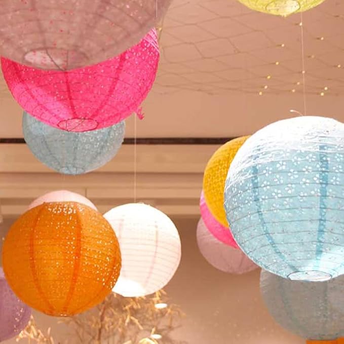 12Pcs Paper Lanterns Chinese Lunar New Year Decorations 2026 Chinese Japanese Decorative Hanging Paper Lanterns 8inch Round Hollow Colorful Lantern Lamps for Spring Festival Asian Home Party Decor