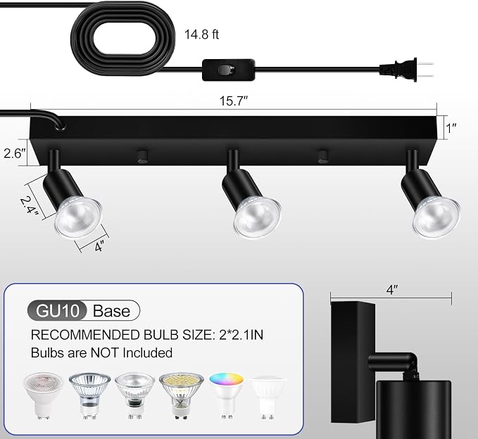 3 Head Plug in Track Light Fixture Black, Easy Install Corded Track Lighting Kit with Switch, Adjustable Directional Spotlight for Kitchen Island Closet Art Display, Modern Ceiling Lamp,15ft Cord