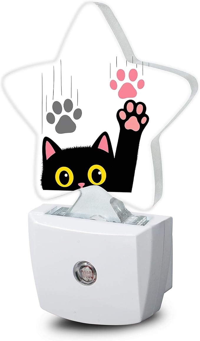 Cute Black Cat Night Light,Pink Gray Paws Plug-in Star Night Lights with Dusk-to-Dawn Sensor for Bedroom,Bathroom,Living Room Sleep Friendly Lamp for Women Girls Boys Gift,0.5W