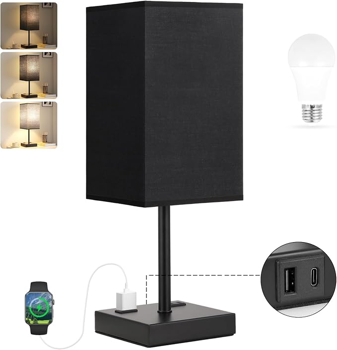17.4" Black Bedside Table Lamp for Bedroom, Dimmable, USB C+A, 2 AC Outlets | 3-Way Touch Dimming, 3000K Warm White Bulb Included, Nightstand Lamp with Square Linen Shade, Room Decor for Men, Boys, Desk