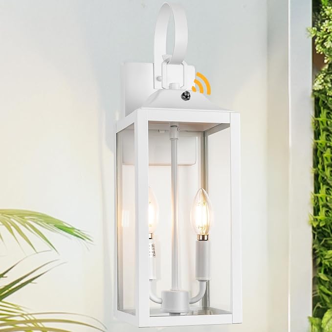 19" White Dusk to Dawn Outdoor Wall Lantern 2-Light, Farmhouse Porch Lights | Waterproof Outdoor Wall Sconce, Anti-Rust Modern Outdoor Light Fixture with Glass Large Coach Lights for Porch Garage, 1-Pack
