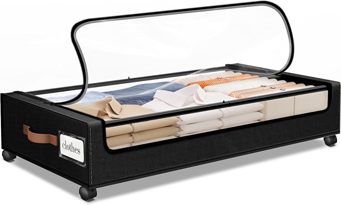 Under Bed Storage with Wheels 1Pack Storage Containers with Clear Window | Under Bed Drawers Rolling Under Bed Storage for Clothes,Shoes, Blankets (30.71 x 16.93 x 6.69 in, Black)
