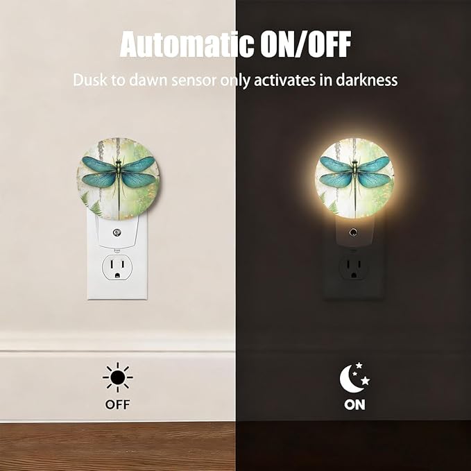 Plug-in Mystical Dragonfly Night Light Blue-Green Wings Nightlight with Dusk to Dawn Sensor, Auto On/Off 0.5W Energy-Saving LED Lighting for Men Women Boys Girls Gift