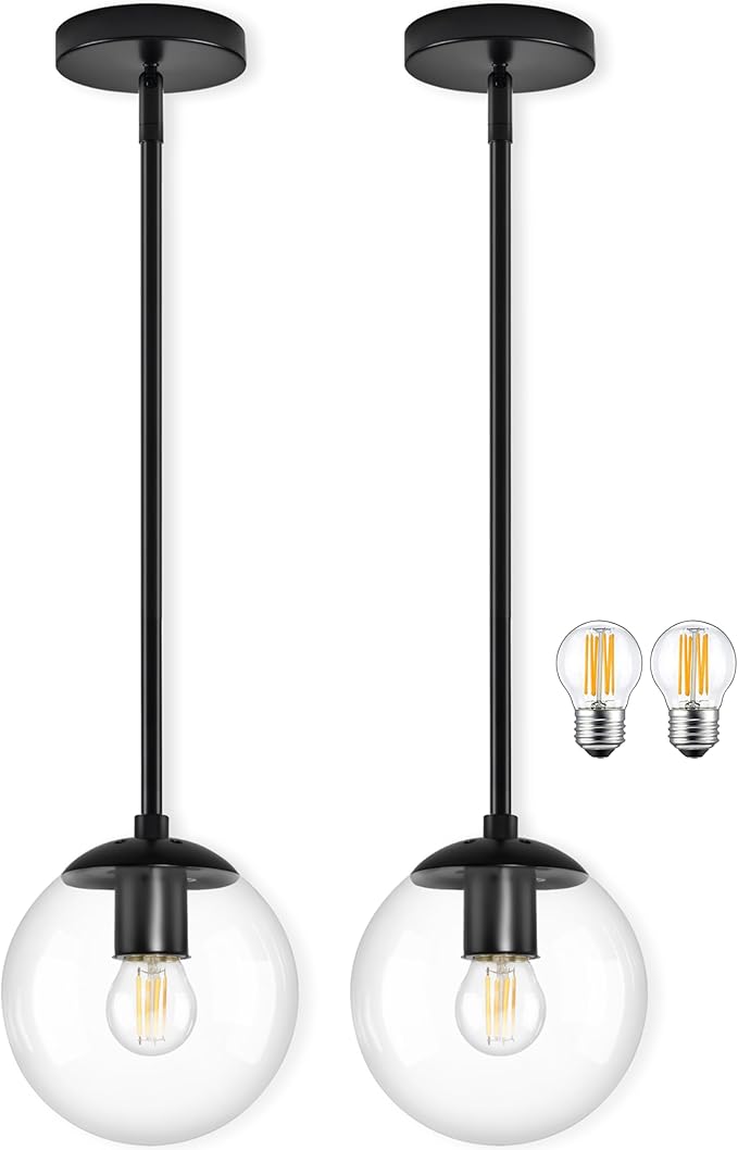 6" Globe Pendant Light Black 2 Pack Mid Century Pendant Light Globe Pendant Lights Kitchen Island Matte Black Finished with Clear Glass Adjustable Ceiling Light Fixtures for Dining Room Bar