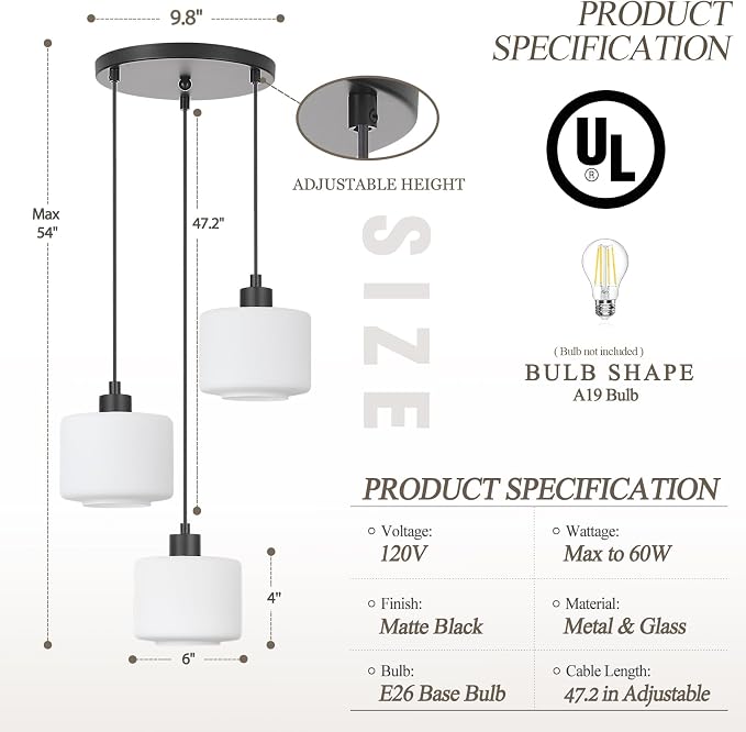 3-Light Pendant Lighting, Black Dining Room Chandelier Light Fixture Over Table with Milk Glass, Modern Cluster Hanging Lights for Kitchen Island Dining Room Sink, OS-YQ8153-3BKW