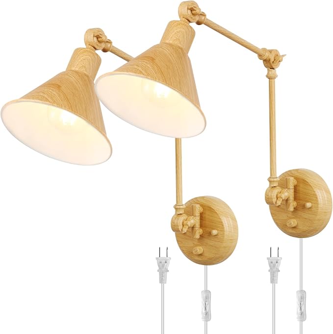 TRLIFE Wall Sconces Plug in, Dimmable Wall Sconces Set of 2 Swing Arm Wall Lights Plug in Wall Mounted Light Industrial Wall Lights with 6FT Plug in Cord, E26 Base, UL Listed(Oak Color)