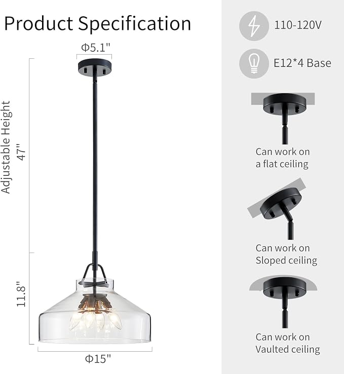 WUZUPS Chandelier Rustic Farmhouse Industrial Round Ceiling Pendant LED Light Fixture with Clear Glass Shades for Dining Room Kitchen Island Foyer Entryway, H 11.8" W 15", E26 Base, Brushed Nickel