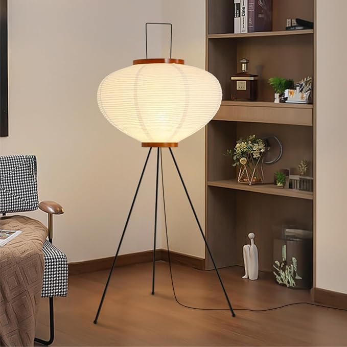 Rice Paper Floor Lamp, Japanese Paper Lantern for Wabi Sabi Decor | Noguchi Style Paper Lamp, Handcrafted Paper Lampshade, Metal Tripod Stand, E26 Base